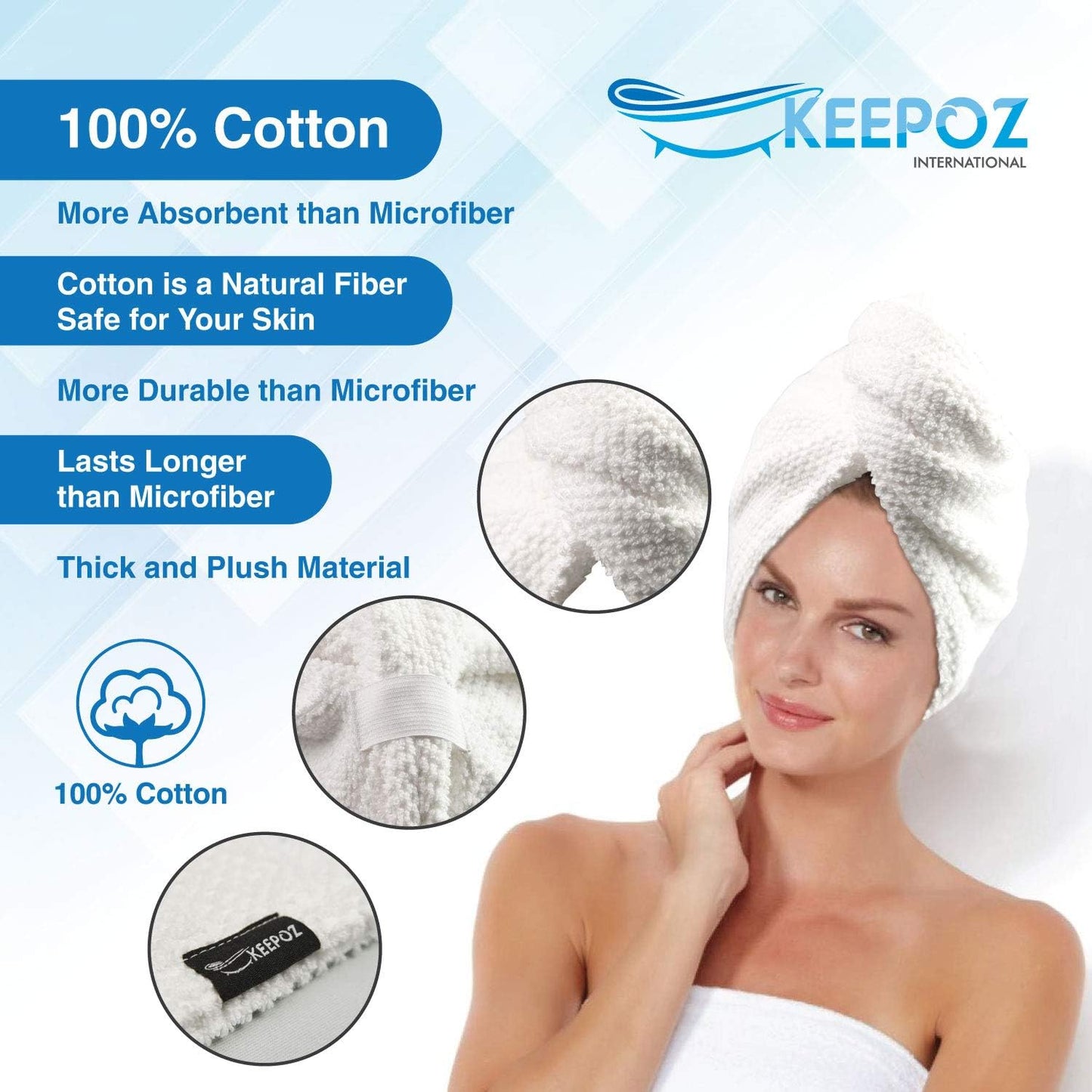 KEEPOZ 100% Cotton Hair Towel Wrap Quick Dry Super Absorbent Turban Head Wrap for Women with Button, Anti Frizz, Hair Cap for Curly, Long & Thick Hair (White, 1 Pc)