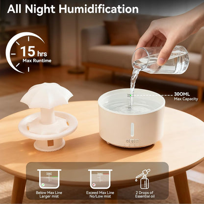 Missfly 300ml Cloud Shape Cool Mist Humidifier Diffuser, 360° Rotatable, Quiet Auto Safety Shutoff, Easy Refill Home Bedroom Office (White)