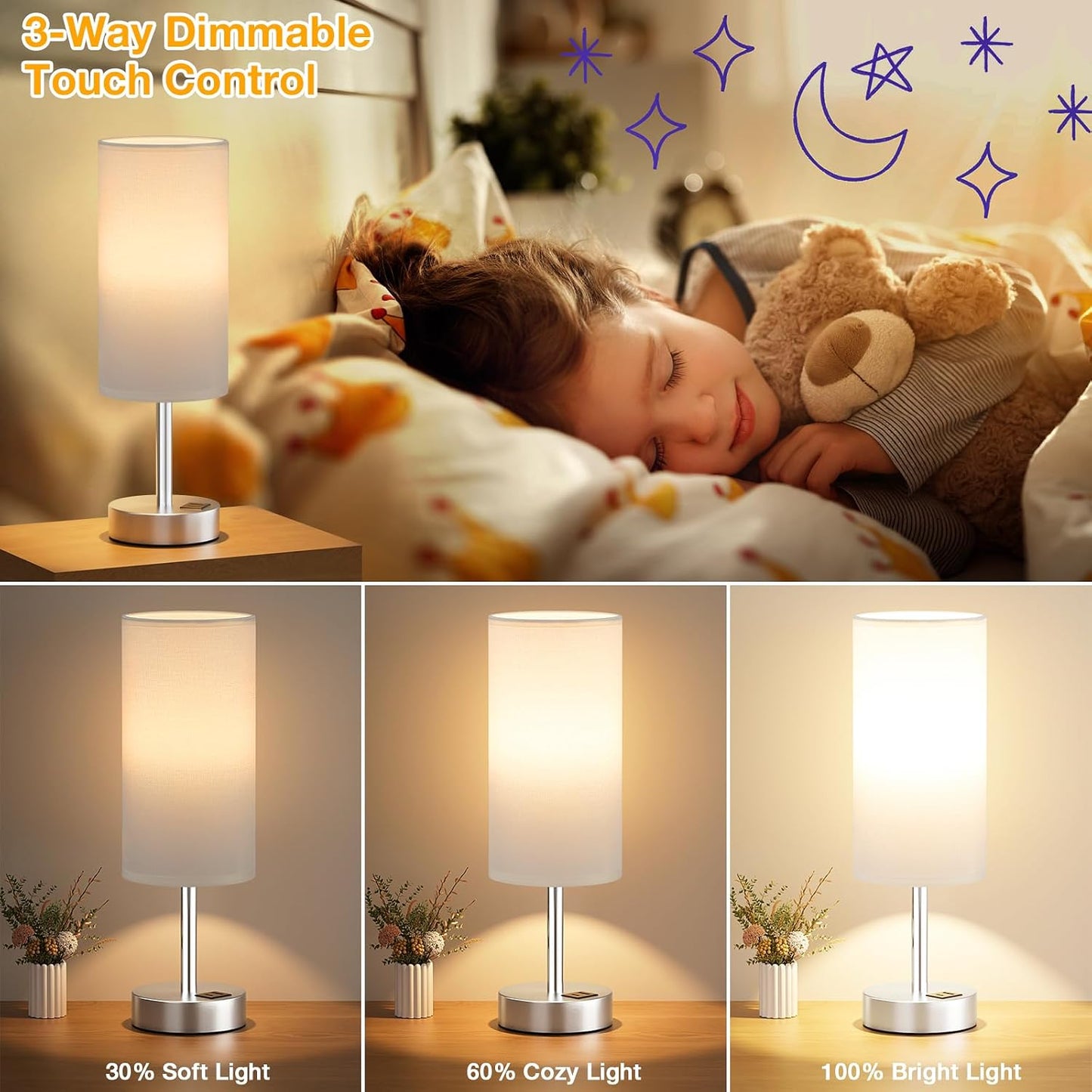 Dicoool Touch Bedside Table Lamp with USB - 3 Way Dimmable Wood Lamp for Bedroom Nightstand, Desk Lamp with Charging Station for Dorm, Living Room, Office, Kids Room, Small, 14in