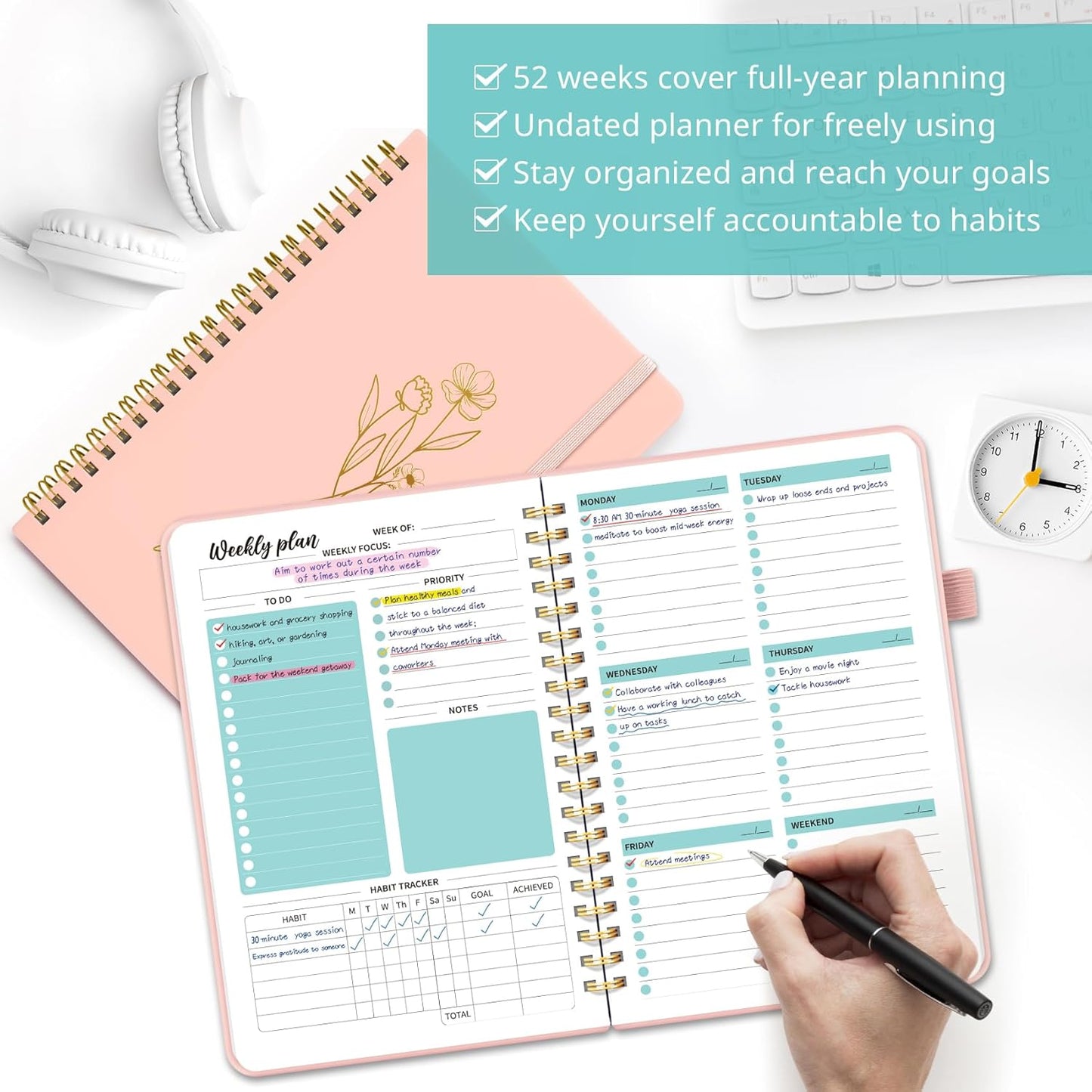 Taja Undated Weekly Planner, Weekly To Do List Notebook with Goal & Habit Tracker Organizer, A5 Weekly Planner Notebook with Spiral Binding, 6.1" x 8.2" - Green