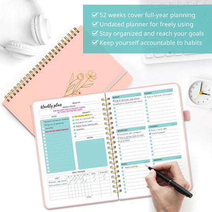 Taja Undated Weekly Planner, Weekly To Do List Notebook with Goal & Habit Tracker Organizer, A5 Weekly Planner Notebook with Spiral Binding, 6.1" x 8.2" - Green