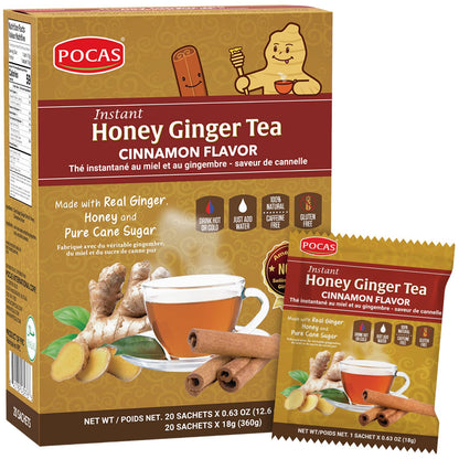 Pocas Honey Ginger Instant Tea Powder, Cinnamon Flavor, Ginger Extract & Real Honey, Caffeine-Free Tea, 20 Packets