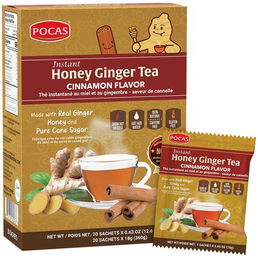 Pocas Honey Ginger Instant Tea Powder, Cinnamon Flavor, Ginger Extract & Real Honey, Caffeine-Free Tea, 20 Packets