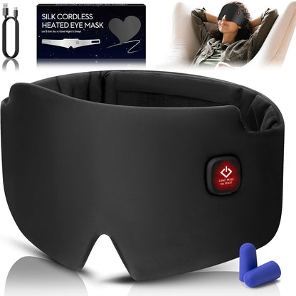 Silk Heated Eye Mask, 2000mAh Large Size Cordless Sleep Mask Warm Eye Compress Electric Heating Pad for Stye Blepharitis Dry Eyes Sinus Migraine Gifts for Men and Women (Black)