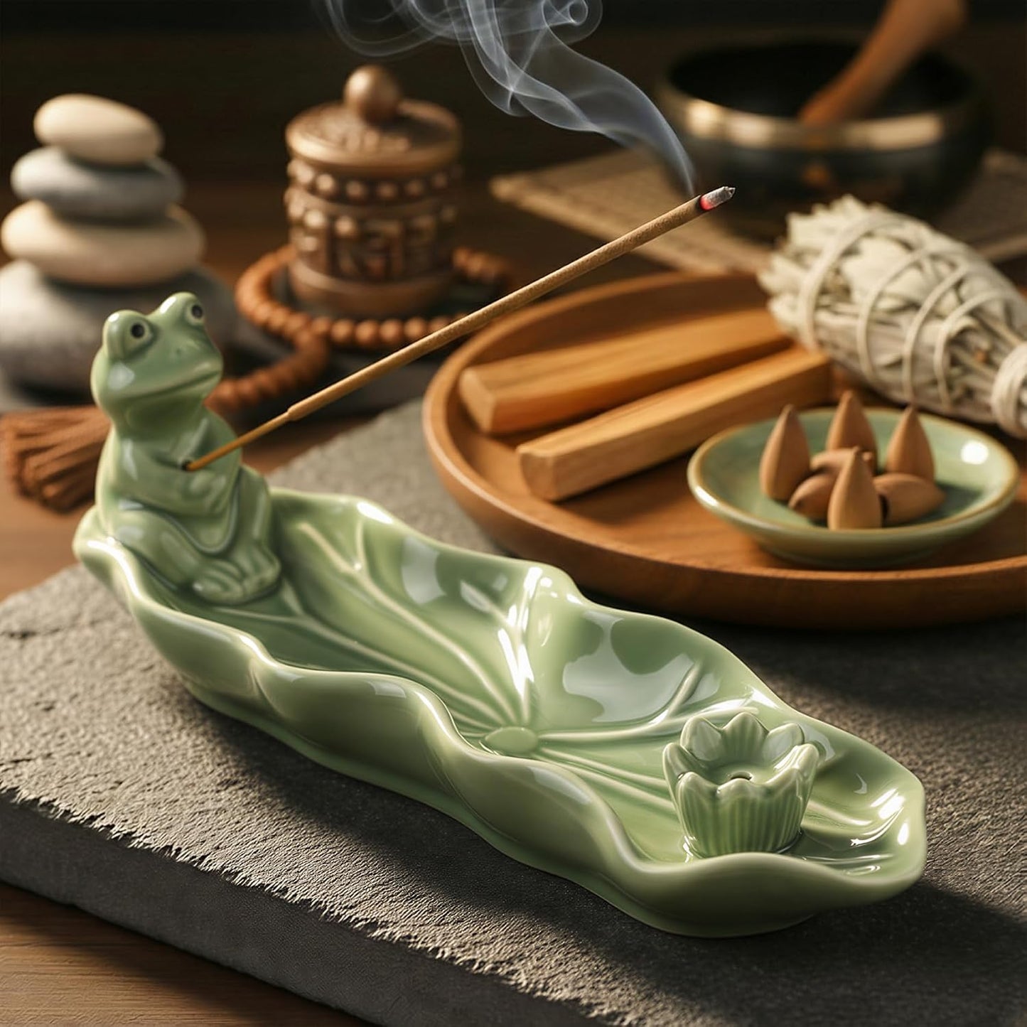 Frog Incense Holder for Sticks, Handmade Ceramic Holder for Burning Sage Sticks, Palo Santo, Cone and Backflow, Incense Burner for Meditation Room Home Decor, Frog Spiritual Gifts for Women