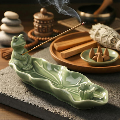Frog Incense Holder for Sticks, Handmade Ceramic Holder for Burning Sage Sticks, Palo Santo, Cone and Backflow, Incense Burner for Meditation Room Home Decor, Frog Spiritual Gifts for Women