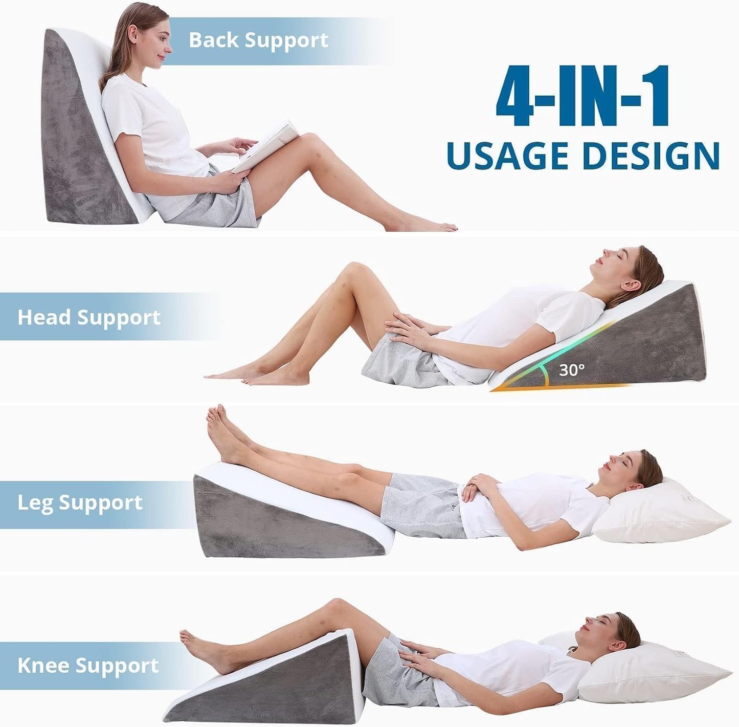Sasttie Wedge Pillow 24x24x12 inch, Memory Foam Bed Wedge, Cool Grey