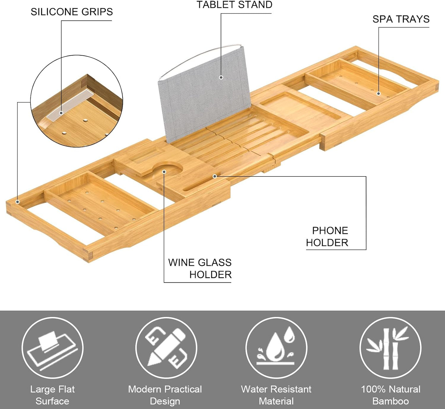 Expandable Bamboo Bathtub Caddy Tray for Luxury Bath