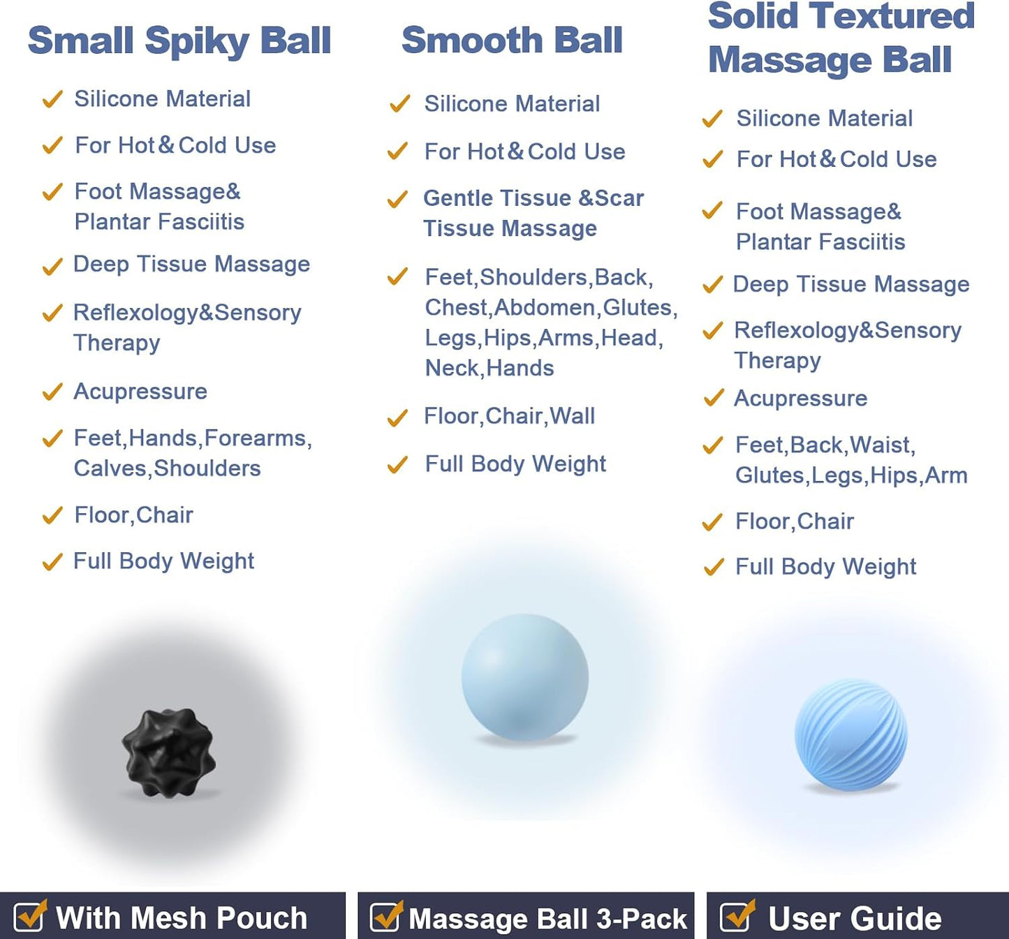 Silicone 3-Piece Massage Ball Set - Peanut, Textured and Spiky Lacrosse Balls to Relieve Tension,Muscle Knots & Plantar Fasciitis with Deep Tissue Release for Foot,Back,Hip,Arm & Legs