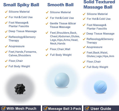 Silicone 3-Piece Massage Ball Set - Peanut, Textured and Spiky Lacrosse Balls to Relieve Tension,Muscle Knots & Plantar Fasciitis with Deep Tissue Release for Foot,Back,Hip,Arm & Legs