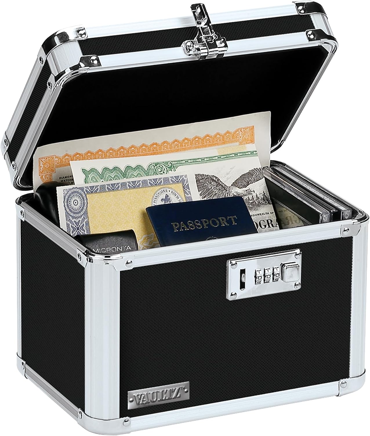 Vaultz Secure Security Lock Boxes - Safe Combination Lock Box, Storage for Documents, Valuables, Medicine & Money - 9.88 x 7.75 x 7 Inch - Black/Chrome