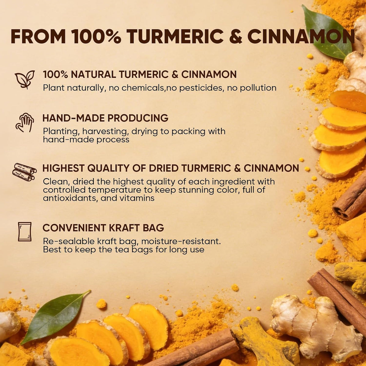 TEAWOO Turmeric Cinnamon Tea, Premium Turmeric Ginger Tea Bags, Natural Ingredients Herbal Tea, No Sugar, No Additives, No Caffeine(60 Bags)