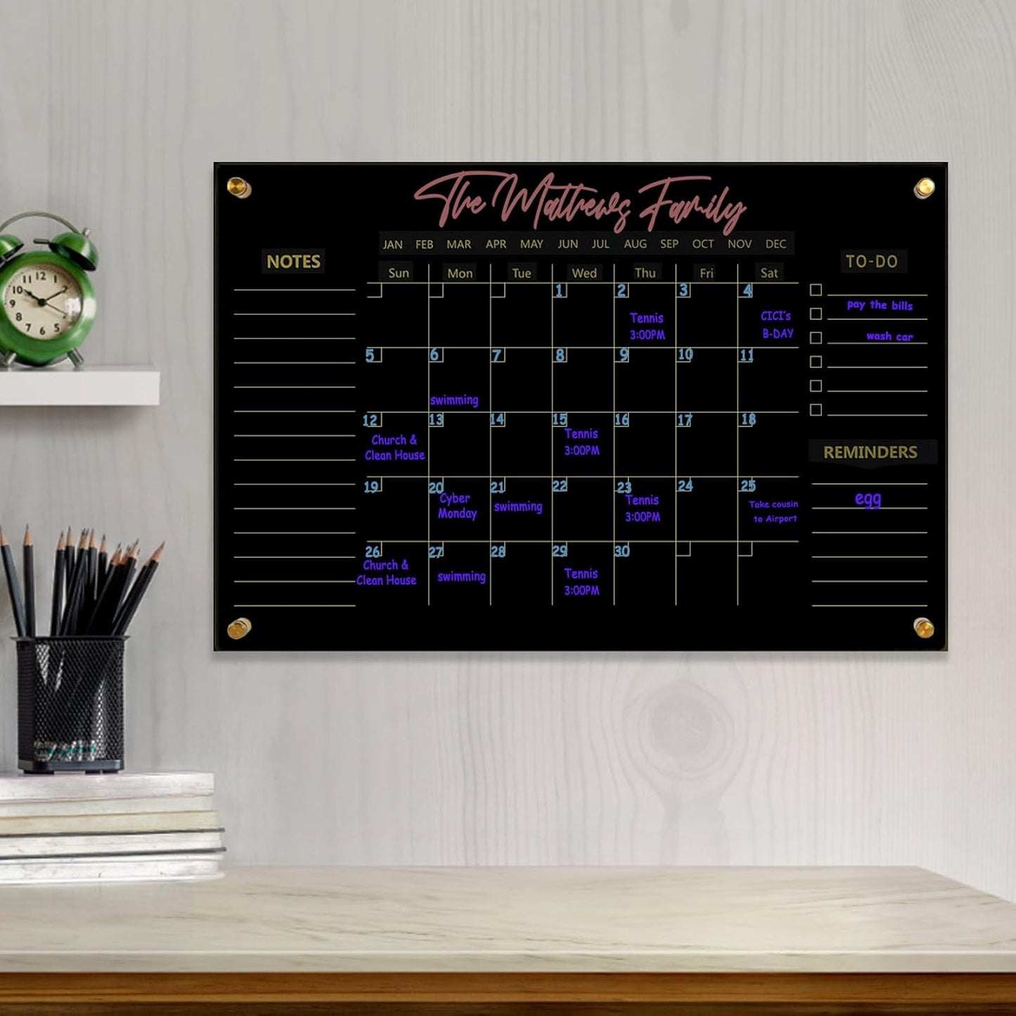 Black Acrylic Calendar Dry Erase for Wall, Family Planner, Monthly Calendar Dry Erase Whiteboard for Home, Office, 17" x 13"Reusable White Board(Acrylic-BK-3343)