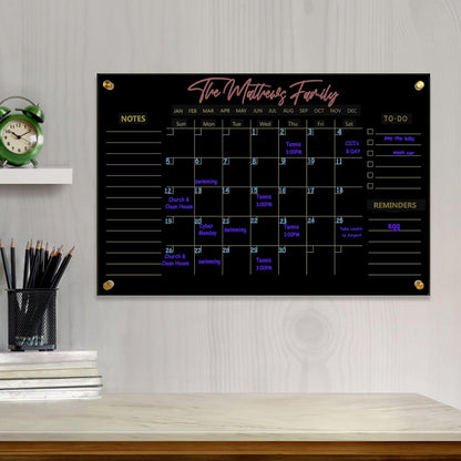 Black Acrylic Calendar Dry Erase for Wall, Family Planner, Monthly Calendar Dry Erase Whiteboard for Home, Office, 17" x 13"Reusable White Board(Acrylic-BK-3343)