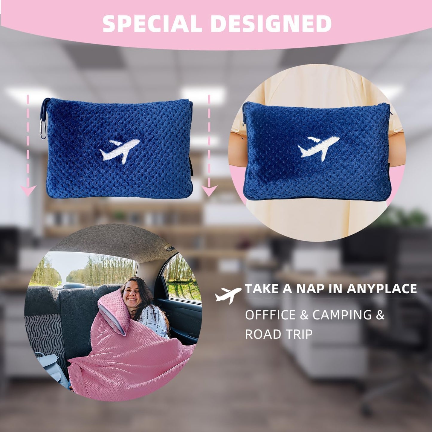 3 in 1 Travel Blanket Pillow Set - 350 GSM Thick Travel Blanket Airplane Compact with Bag, Soft Bag with a Pocket, Inflatable Travel Pillow for Camping & Car Trip(Mint Green)