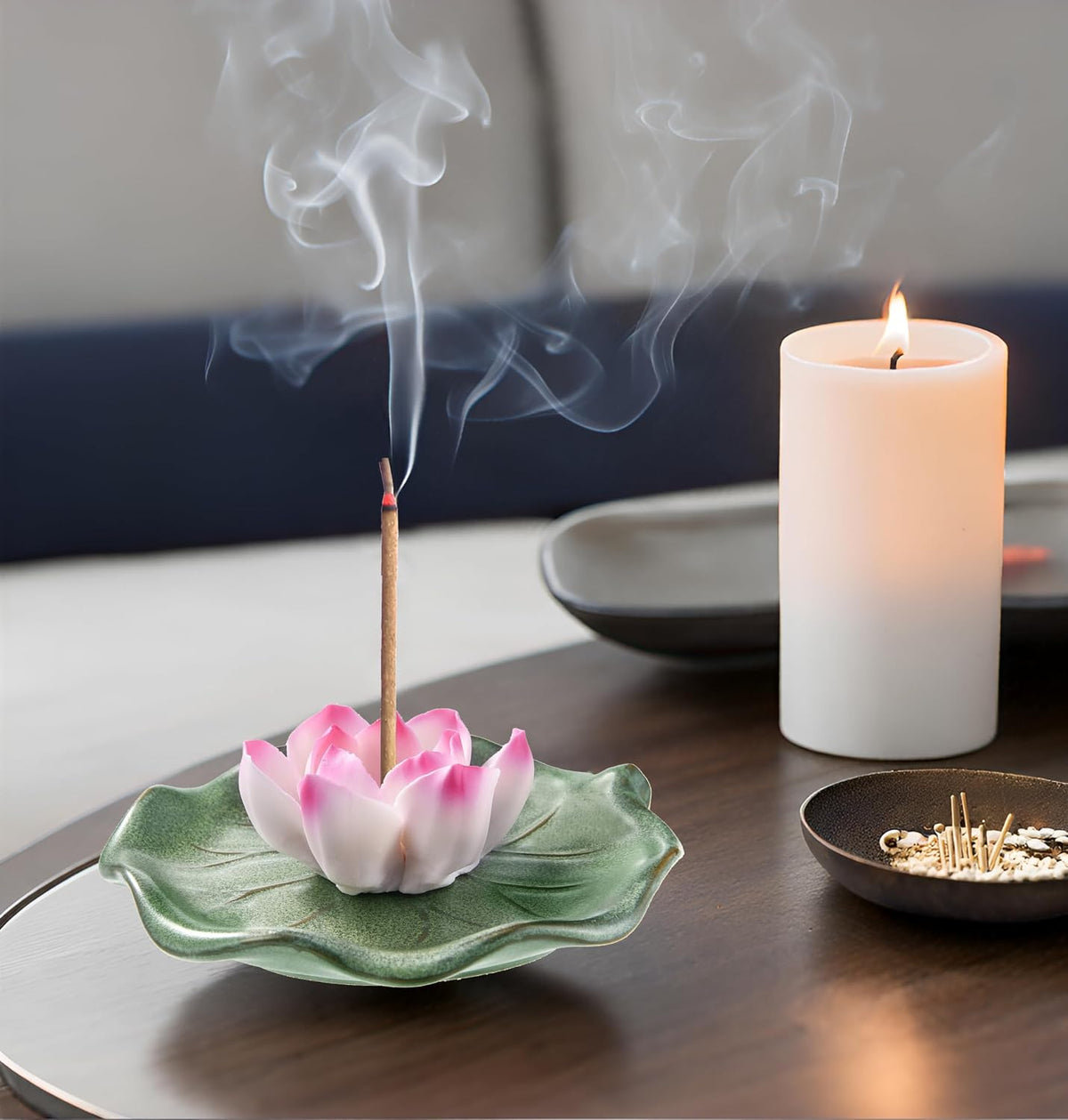 KR. LIF Lotus Incense Holder & Burner, Agarbatti Stand, Detachable Lotus Leaf Incense Tray, Ash Catcher for Altar, Sage & Palo Santo, Ceramic