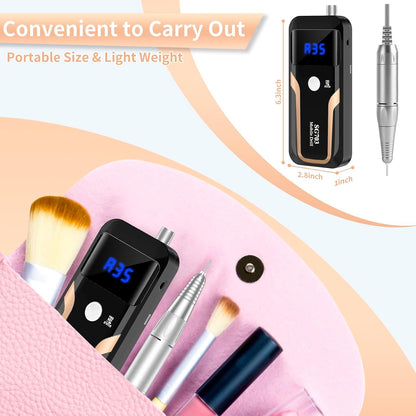 MOCOWIND Portable Nail Drill Professional 35000 RPM, Rechargeable Electric Nail File Machine Cordless E-File for Acrylic Gel Polishing Removing with Bits Kit for Manicure Salon Home, Pink
