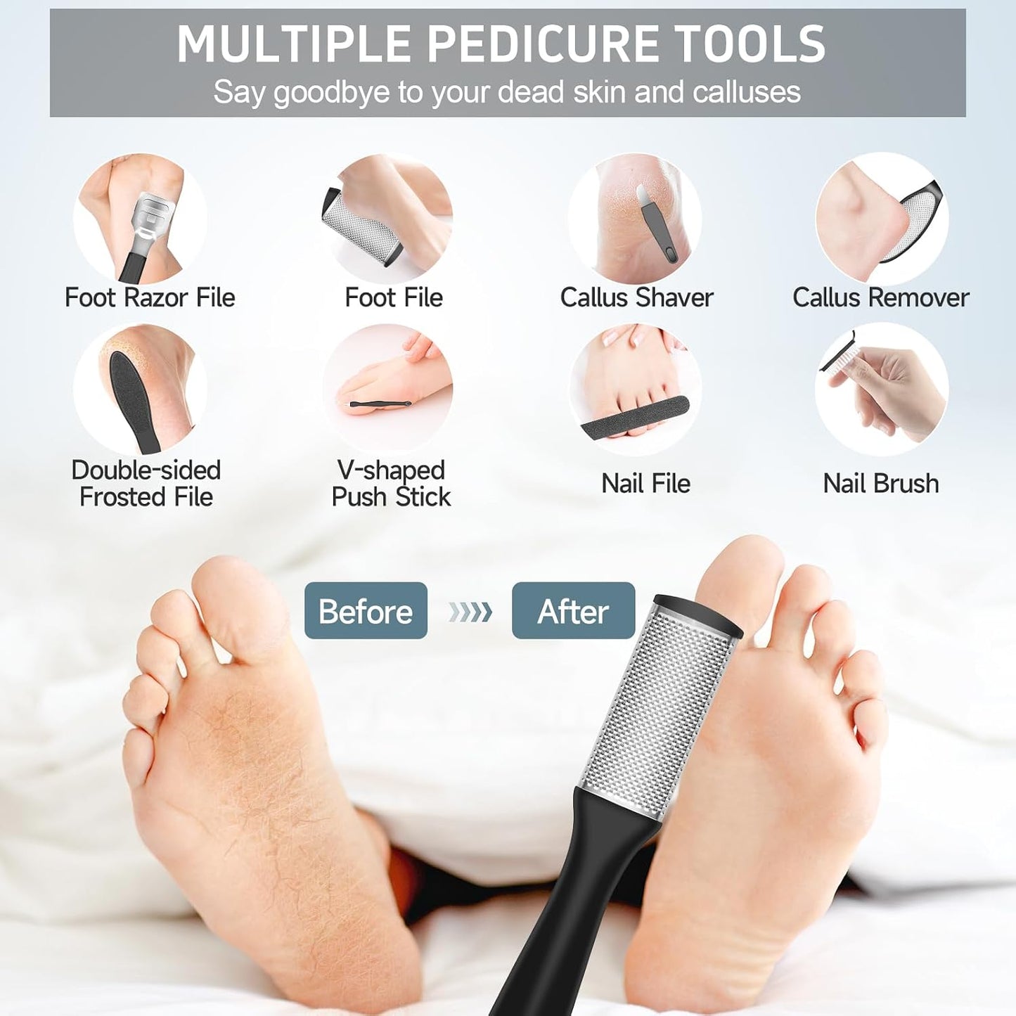 Electric Callus Remover for Feet,Professional Pedicure Kit Rechargeable Foot File Hard Skin Remover for Cracked Heels &Dead Skin,with 3 Roller Heads 2 Speed(White N9)