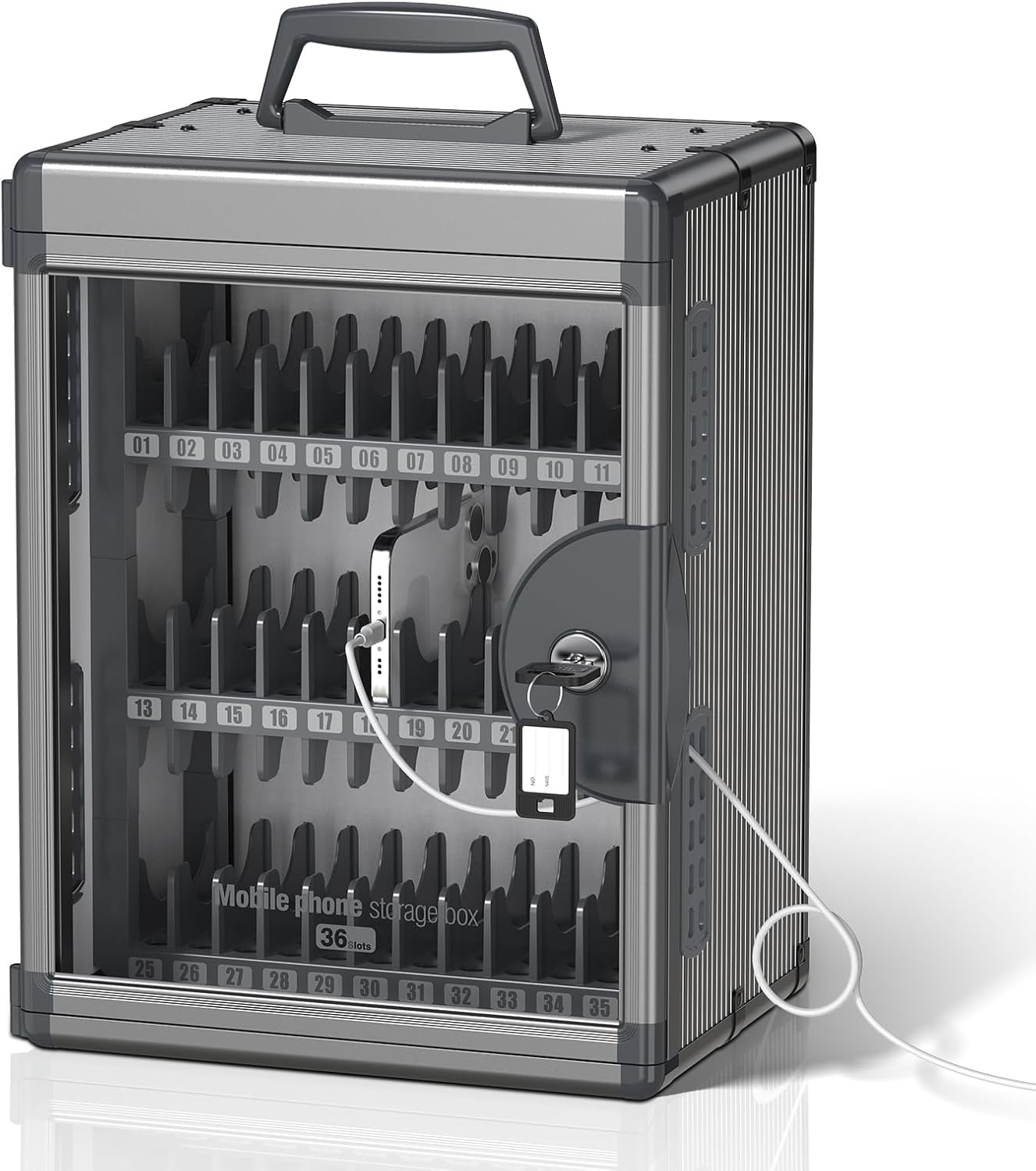 36 Slots Cell Phone Locker for Classroom with Key, Portable Mobile Phone Storage Box with Handle & Charging Hole, Phone Lock Box Wall Mounted for School (Black, 36 Slots)