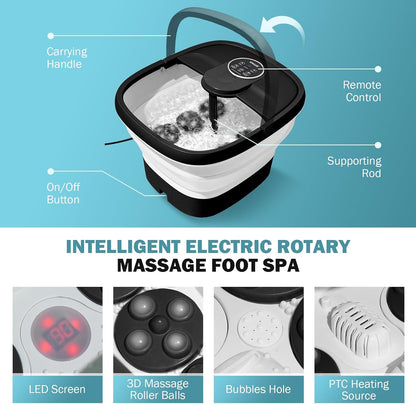 KNQZE Collapsible Foot Spa Bath with Heat & Remote Control, Bubble Massage, Temperature Control, Red Light, Timer, 16 Rollers & Pumice Stone for a Soothing Spa Experience