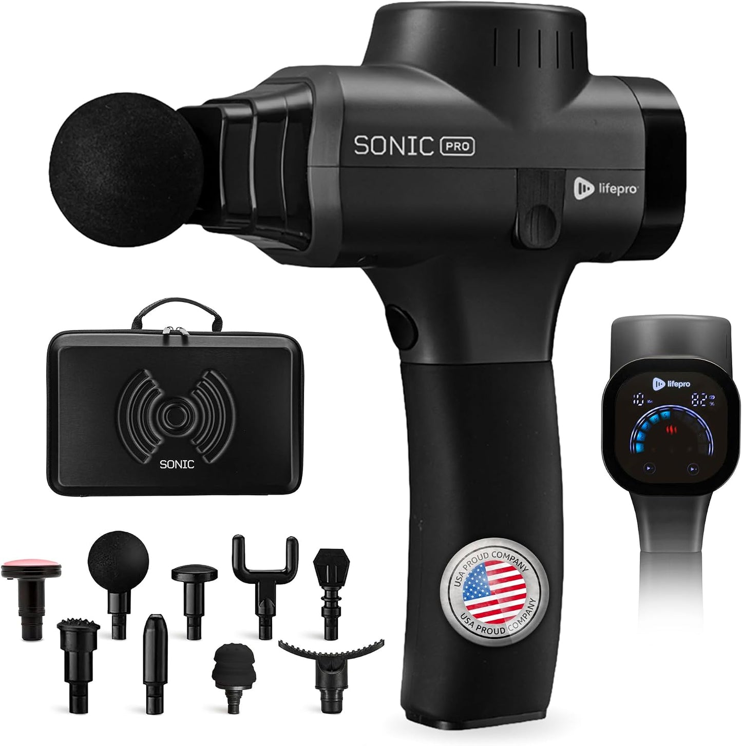 LifePro SonicPro Massage Gun Deep Tissue with Heat — Percussion Massager Gun 10 Speeds 9 Heads — Muscle Massager for Athletes Back, Legs, Arms