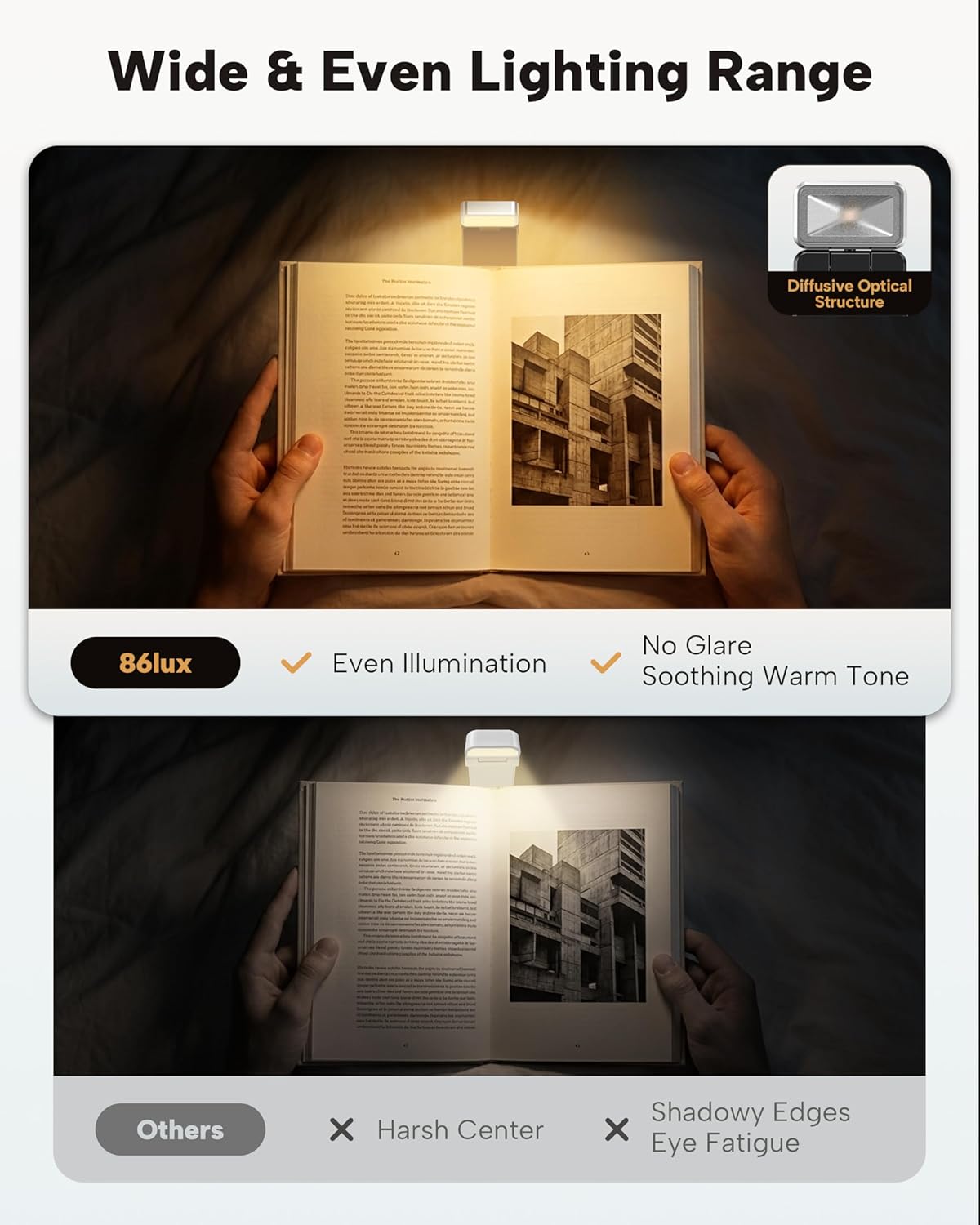 86lux Book Light, Rechargeable Clip-On LED Reading Light for Bed & Night Use - 3 Color Temperatures with Stepless Dimming, Ultralight Bookmark Design for Book Lovers, Grey