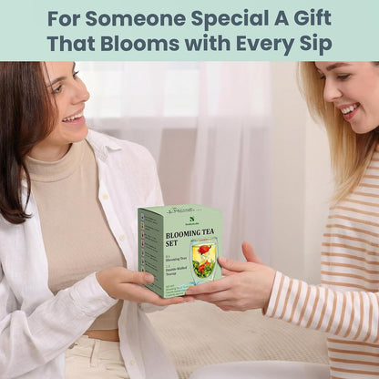 Blooming Tea Gift Set with Double-Walled Glass Teacup, 8 Handcrafted Flowering Tea Balls, Artisan Green Tea and Flower Varieties, Perfect Birthday and Anniversary Gift for Tea Lovers