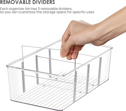 Vtopmart 8 Pack Food Storage Organizer Bins, Clear Plastic Bins for Pantry, Kitchen, Fridge, Cabinet Organization and Storage, 4 Compartment Holder for Packets, Snacks, Pouches, Spice Packets