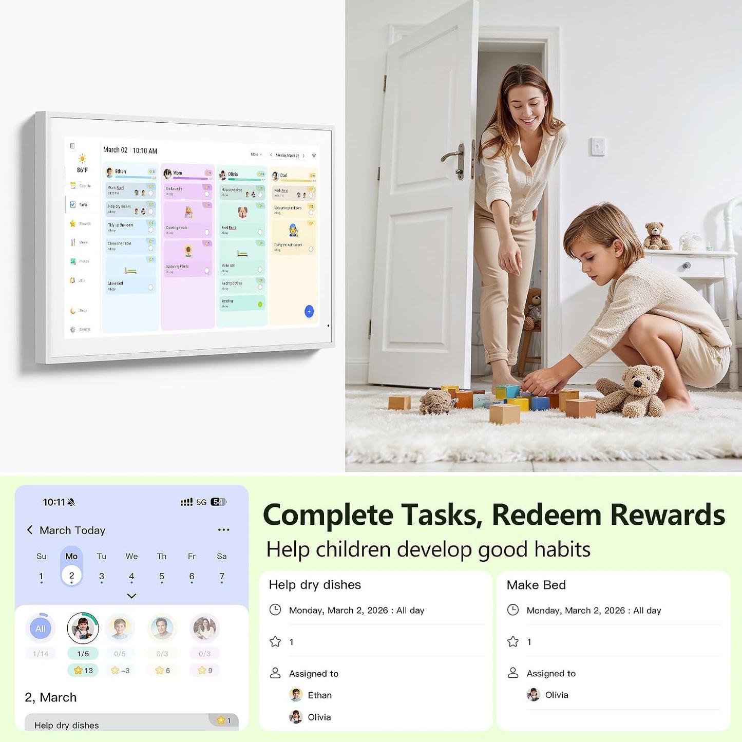Digital Calendar, 15.6 Inch Wall Planner Electronic Calendar & Chore Chart, Smart Touchscreen Interactive Display for Family Schedules, Great for Organizing Your Routines, Wall & Desk Mountable