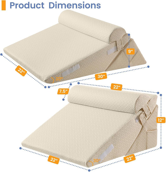 Sasttie Wedge Pillow Set for After Surgery, 2PCS Adjustable Bed Wedge Pillow Headboard with Memory Foam Neck Cushion – for Acid Reflux, Sleeping, Neck & Back Support, Dark Grey & White