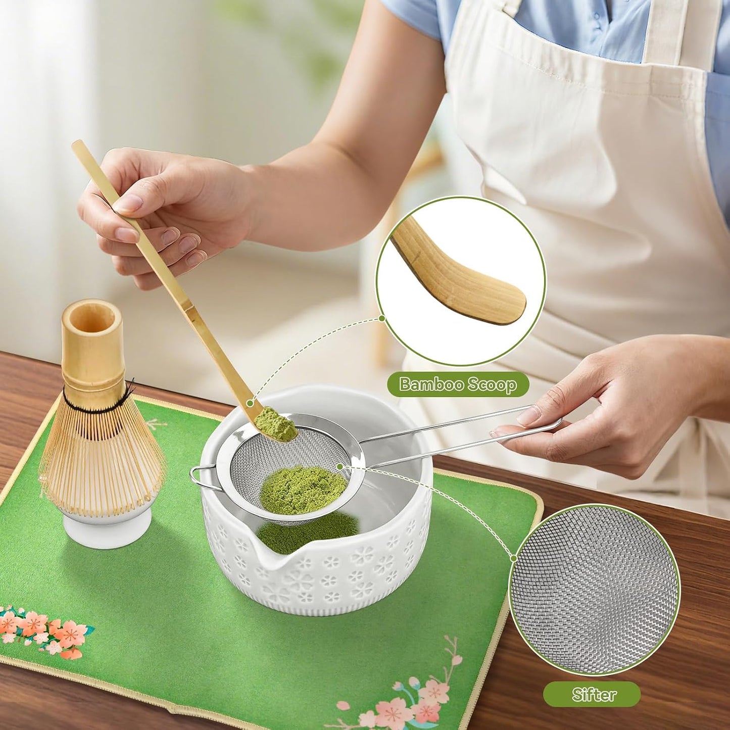 Matcha Whisk Set, 7 Pcs Matcha Making Kit with Matcha Bowl, Matcha Whisk and Holder, Bamboo Scoop, Scoop Rest, Sifter and Tea Towel，Gifts for Christmas Birthday