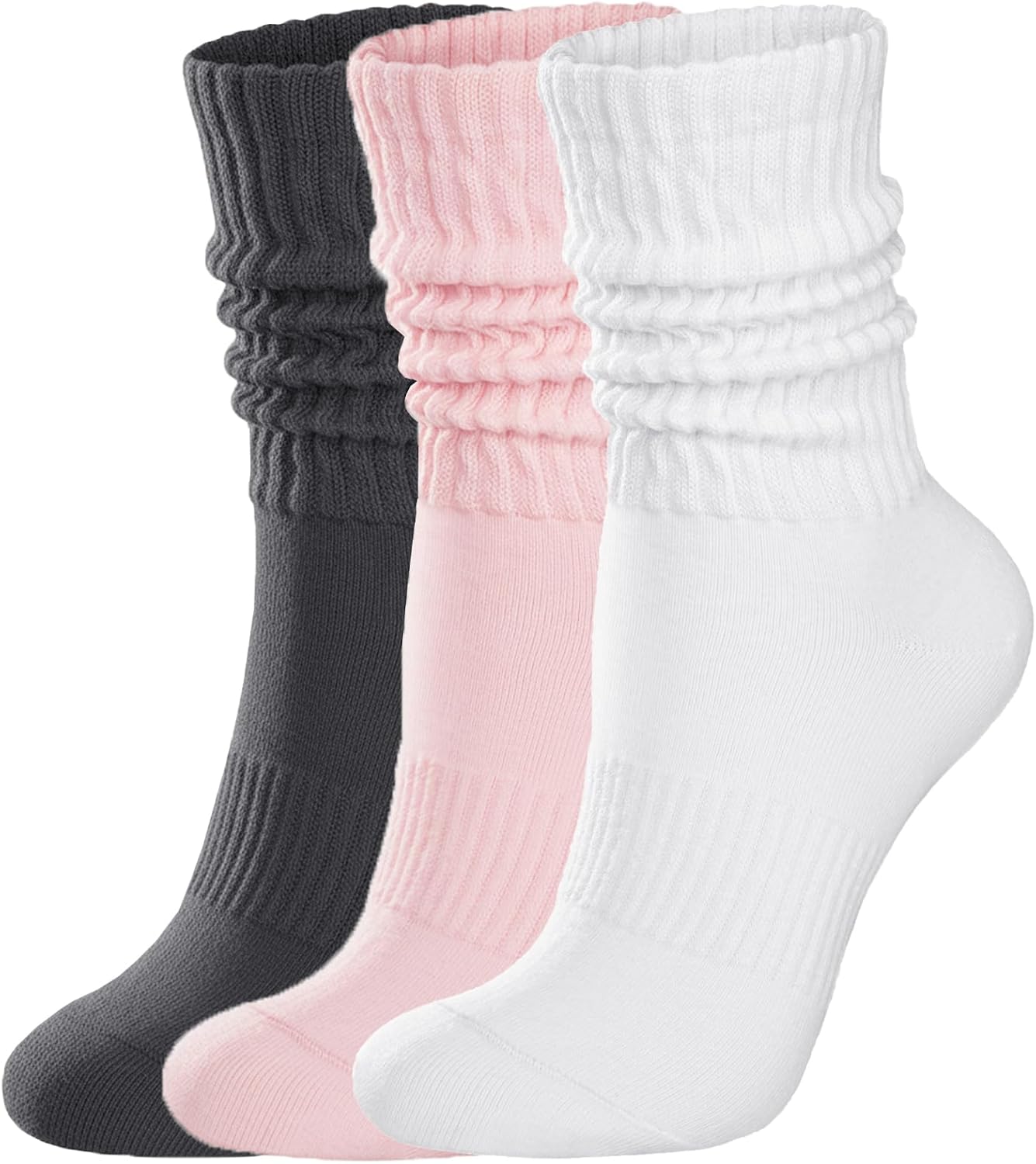 Womens Scrunch Crew Socks: Retro Solid Slouch Mid Calf Socks - Cotton Casual Athletic Socks