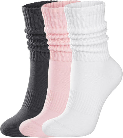 Womens Scrunch Crew Socks: Retro Solid Slouch Mid Calf Socks - Cotton Casual Athletic Socks