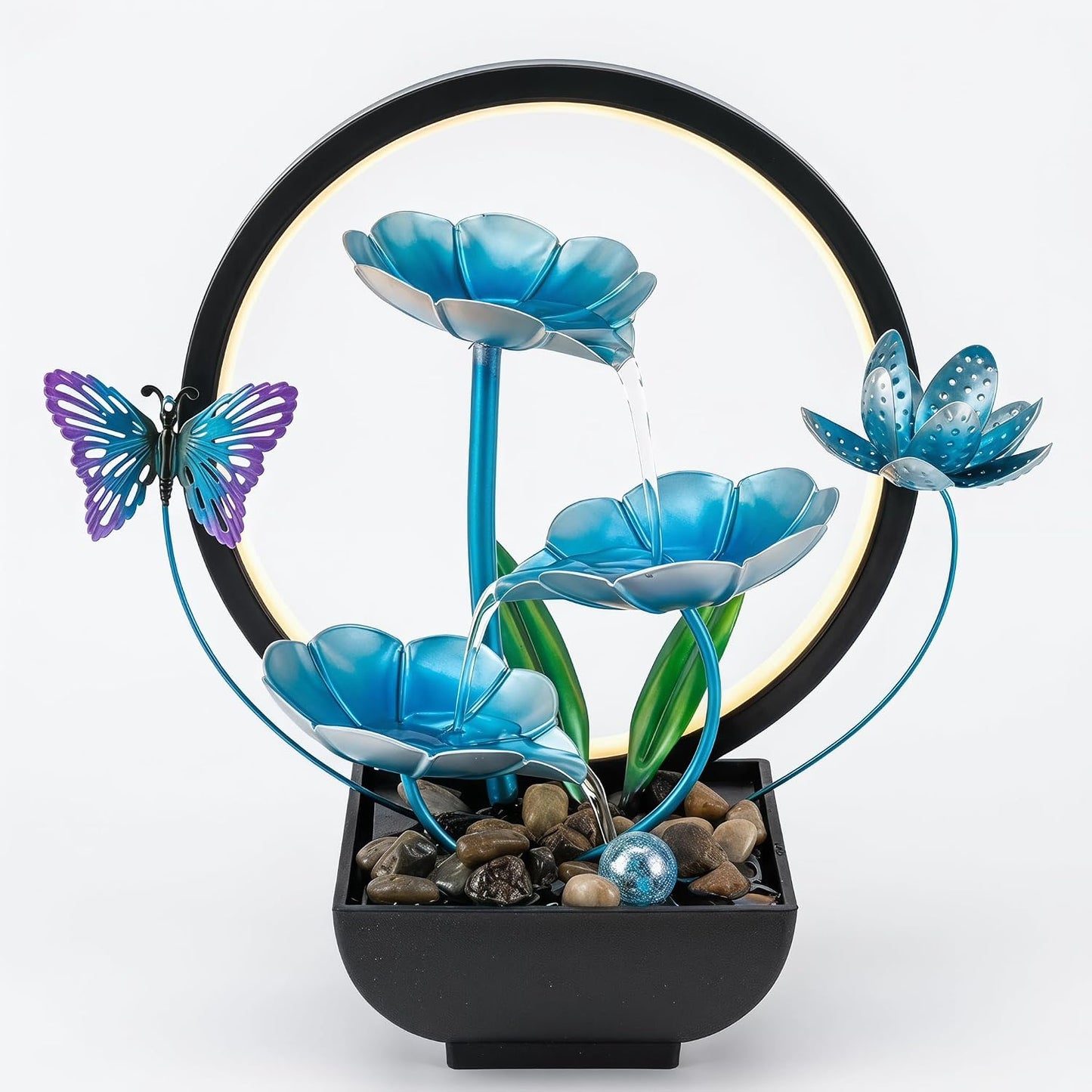 Tabletop Fountain,Indoor Water Fountain,Home Fengshui Décor Zen Relaxation Soothing Sound Machine for Office,Living Room,or Bedroom,Green Lotus,Hummingbird & Pink Flower