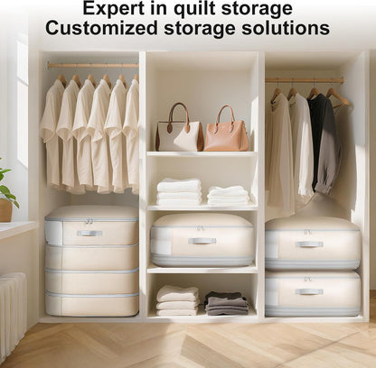 Comforter Storage Bag - 130L Large Capacity Blanket Storage Bags 4-Layer Ultra Space Saving Self Compression Organizer, Washable Compression Bags for Storage Comforter Blanket, Beige