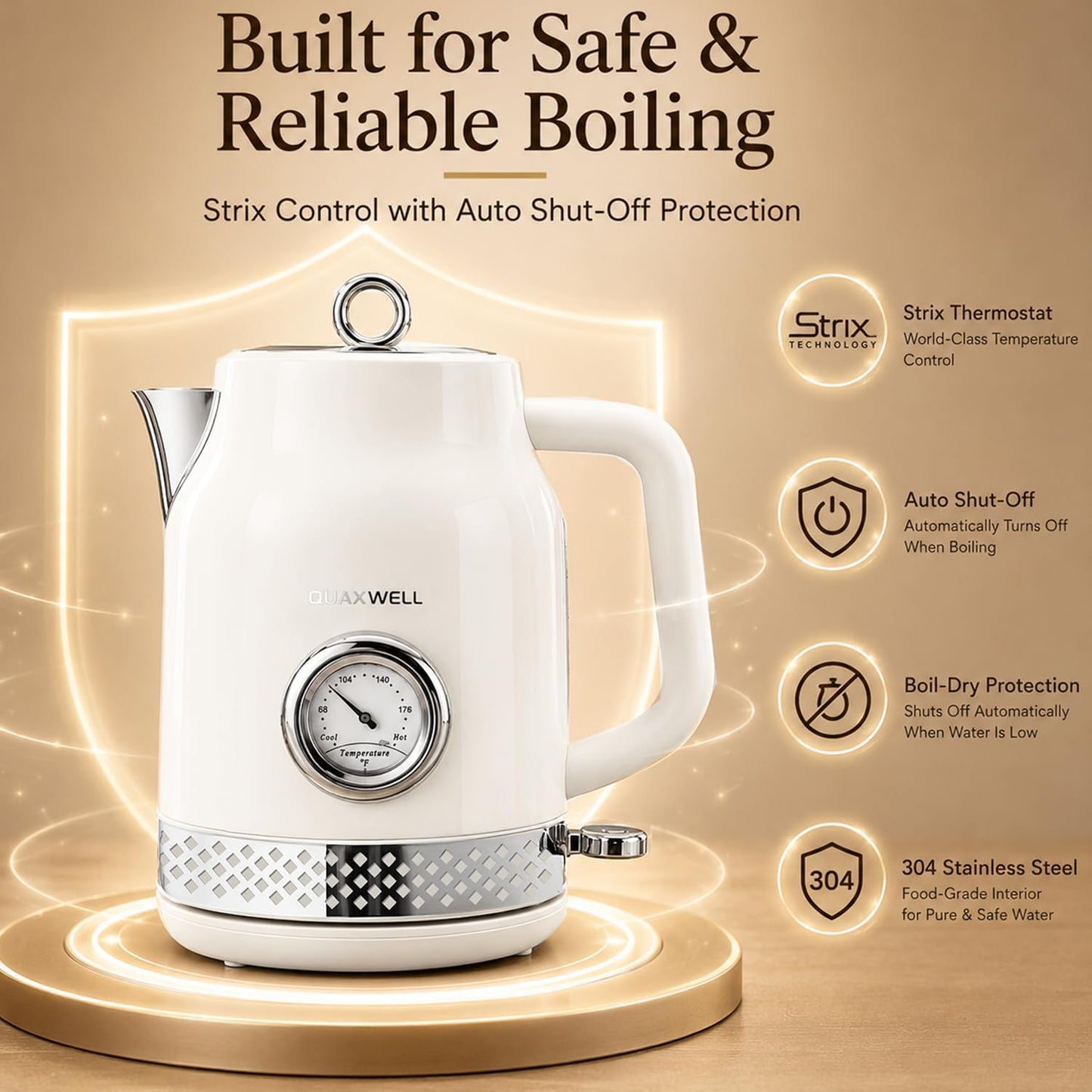 Retro Electric Tea Kettle, 1.7L, Matte White and Gold
