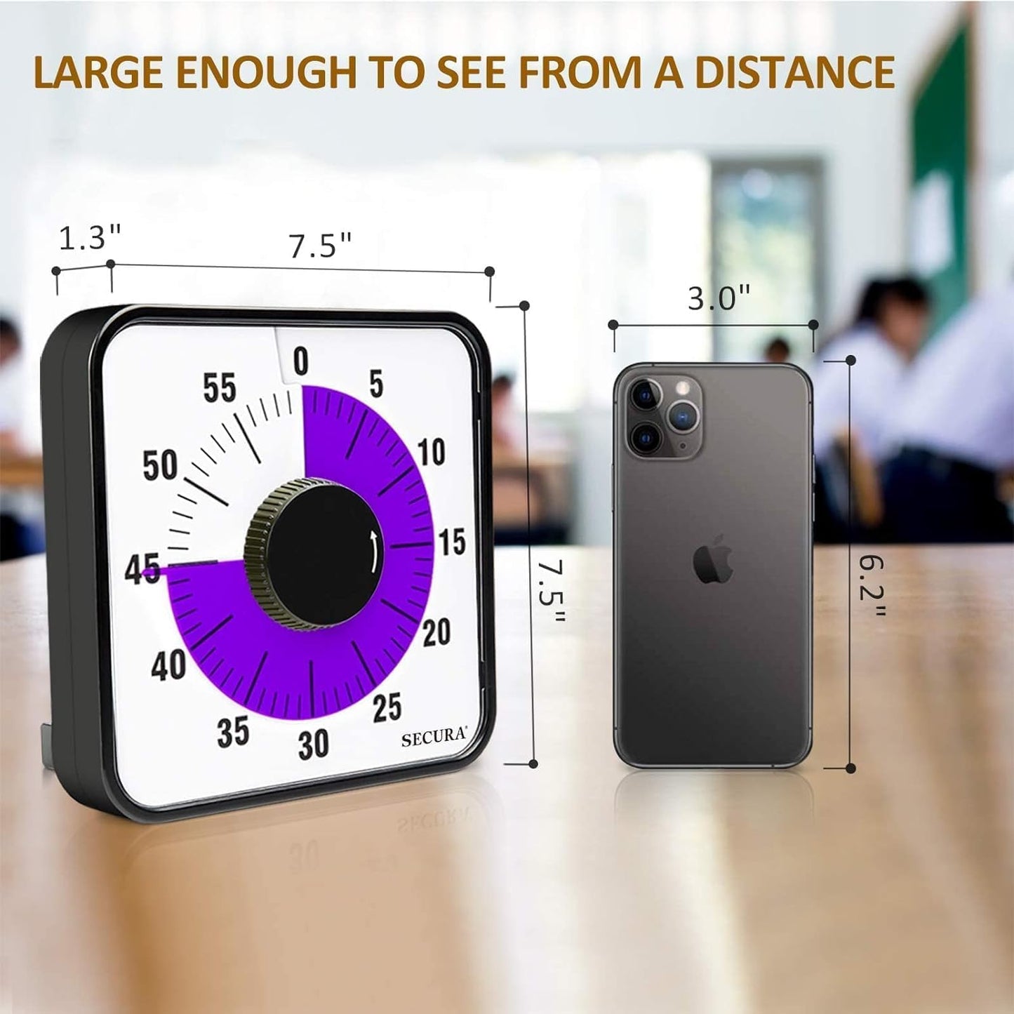 Secura 7.5 Inch Visual Timer, 60 Minute Visual Oversize Countdown Timer for Kids and Adults, Durable Mechanical Time Management Tool (Dark Green)