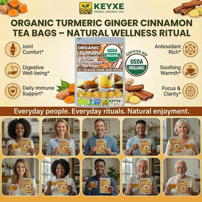 USDA Organic Turmeric Ginger Cinnamon Tea Bags (50 Count) ñ Supports Digestion, Brain, Skin, Sleep & Joint Mobility ñ Eco-Conscious, Caffeine-Free & Sugar-Free Herbal Wellness Tea ñ Vegan, Non-GMO Natural Root Blend