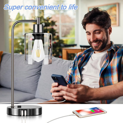 Set of 2 Industrial Touch Control Table Lamps with USB C+A Ports and AC Outlet - 3-Way Dimmable Black Bedside Lamps Nightstand Desk Lamps for Bedroom Living Room, Glass Shade & 2 LED Bulbs Included
