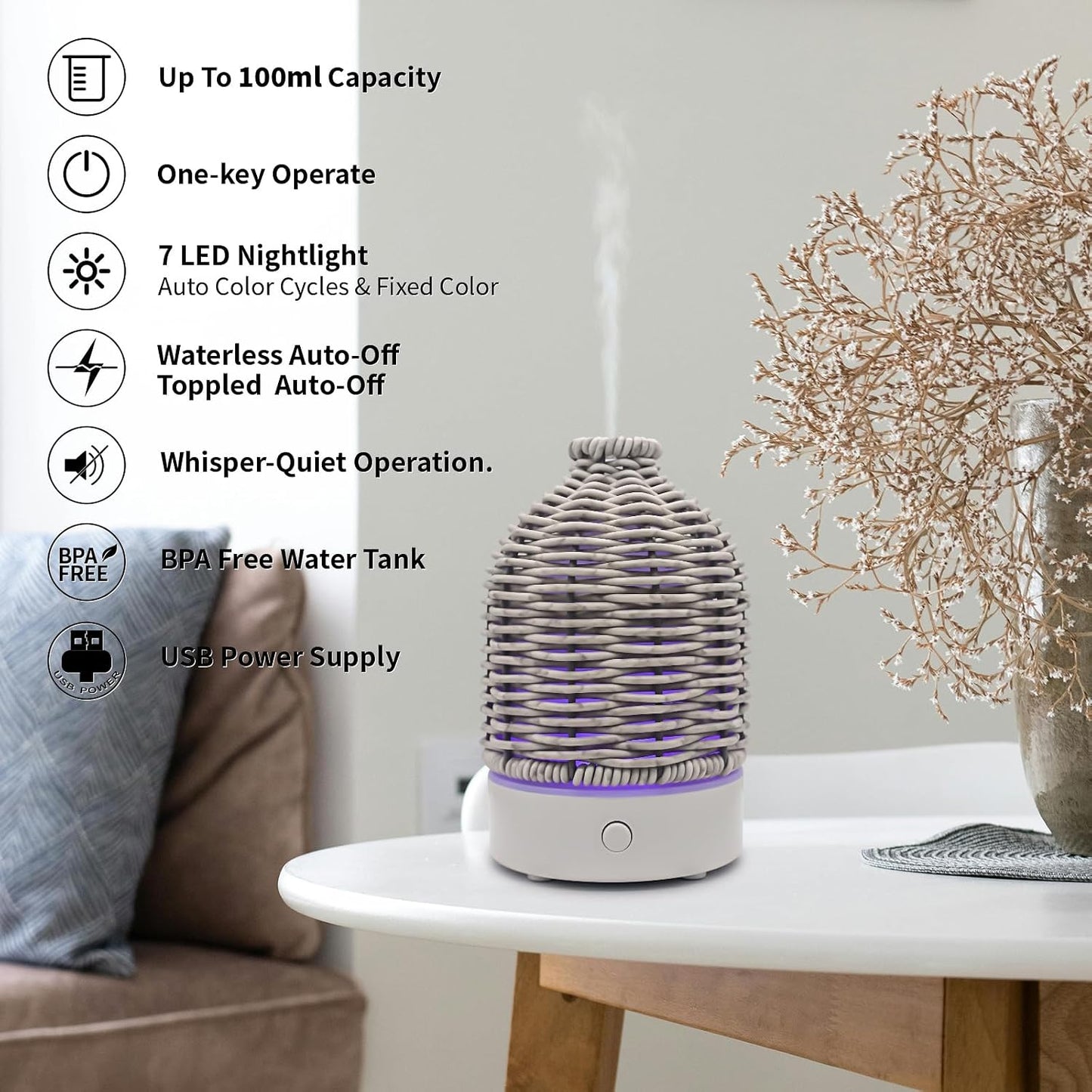 VICTORIA AROMA Essential Oil Diffuser - Multifunction Aromatherapy Diffuser 7 LED Color Changing Light 100ML Rattan Diffuser Easy to Clean Suitable for Home,Office (Tan)