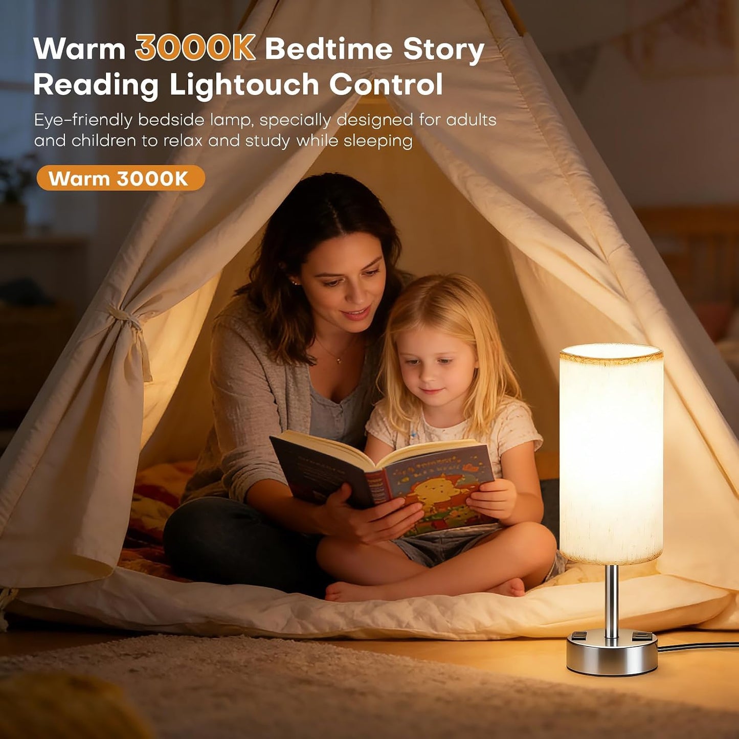 MOICO Bedside Table Lamp for Bedroom, 3-Way Dimmable Nightstand Lamp with USB C, USB A Ports & AC Outlet, Small Table Lamp Fabric Shade for Living Room Dorm Office, LED Bulb Included (14in Wood Grain)