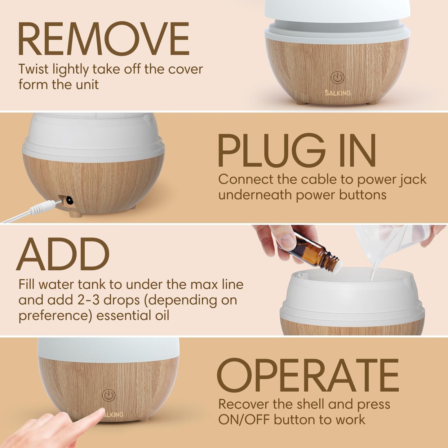 SALKING Essential Oil Diffuser, 100ml Small Aromatherapy Diffuser with Auto Shut-Off Function, Ultrasonic Diffusers for Essential Oils, Cool Mist Humidifier with Warm White Lights, for Office Home