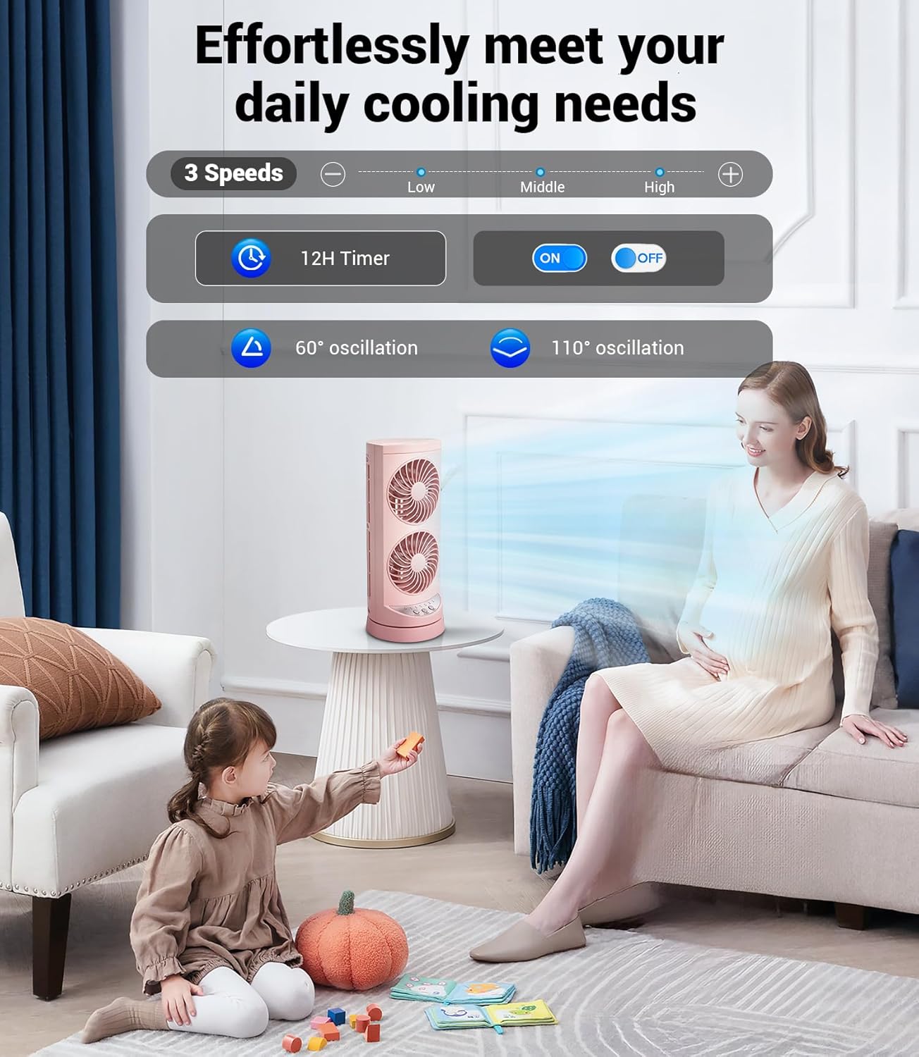 Personal Tower Cooling Fans that Blow Cold Air, Standing Small Desk Fan with 3 Speeds & Timer, 60° & 110° Oscillating Table Fan, Quiet and Safe Electric Floor Fan for Bedroom, Bedside, Home, Office