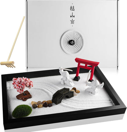 Japanese Zen Garden for Desk - Sakura Tree Samurai 12" x 8" Desktop Mini Zen Garden with White Sand Artificial Bonsai Tree Rocks Rakes & Accessories - Meditation Zen Gifts Office Decor