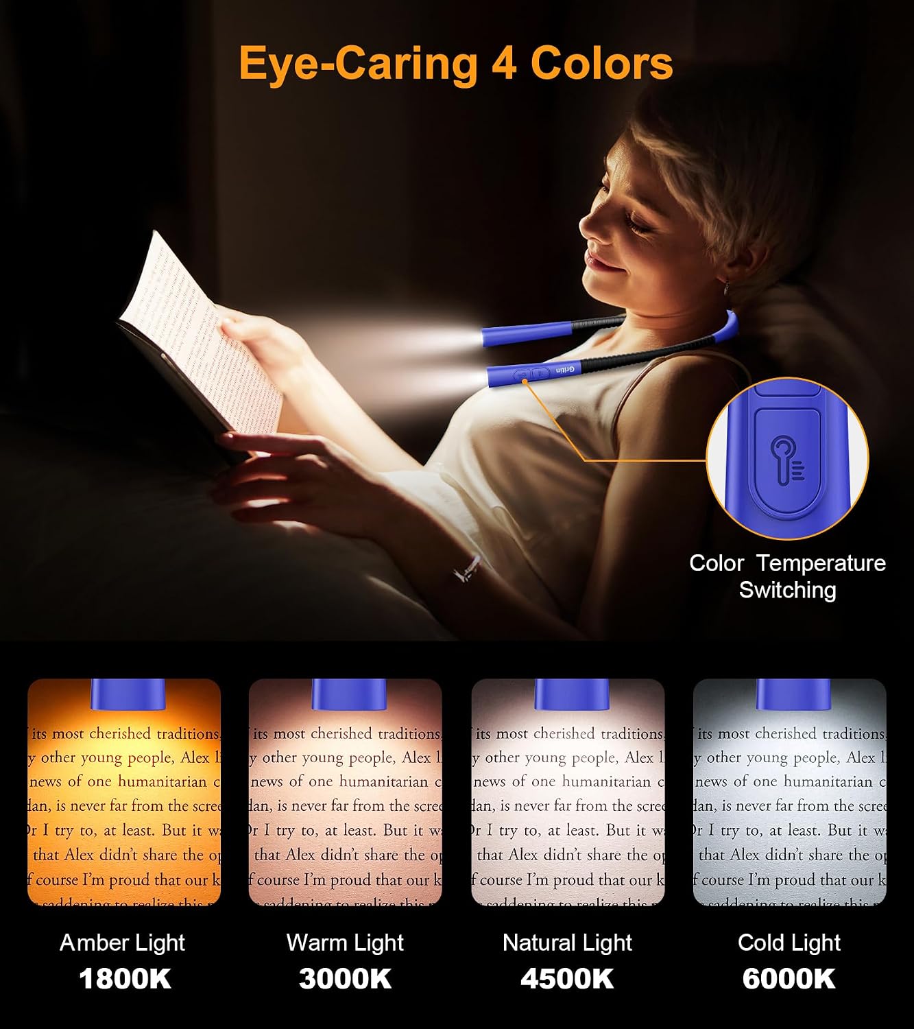 Gritin Book Light, Eye Caring 4-Color & 5-Brightness Neck Light Reading Light- Stepless Dimming,30-min Timer,80+ Hrs Runtime,Bendable Round Neck Design, Lightweight for Reading, Knitting, Repairing
