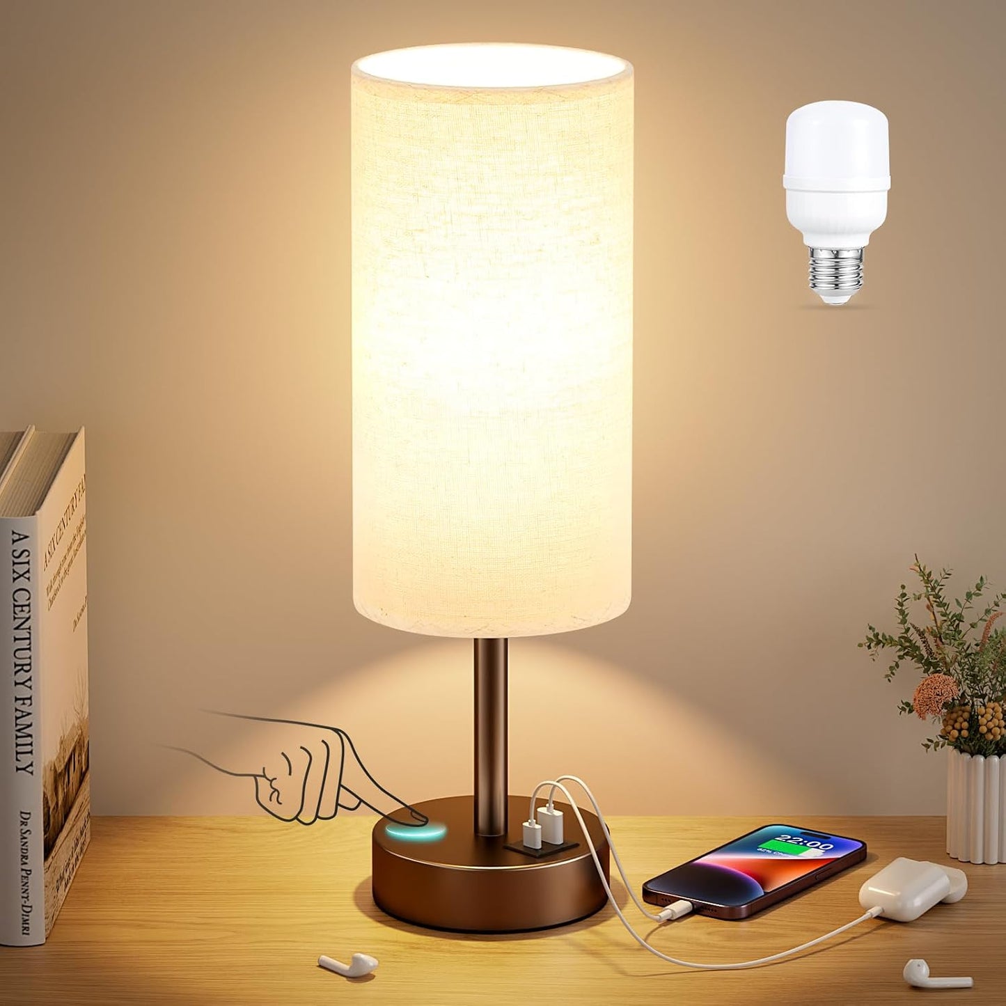 Dicoool Touch Bedside Table Lamp with USB - 3 Way Dimmable Wood Lamp for Bedroom Nightstand, Desk Lamp with Charging Station for Dorm, Living Room, Office, Kids Room, Small, 14in