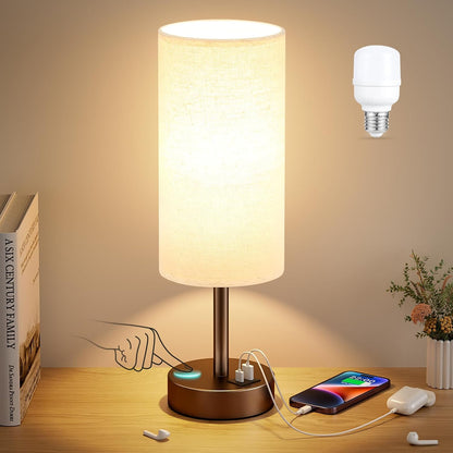 Dicoool Touch Bedside Table Lamp with USB - 3 Way Dimmable Wood Lamp for Bedroom Nightstand, Desk Lamp with Charging Station for Dorm, Living Room, Office, Kids Room, Small, 14in