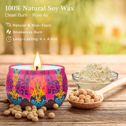 Scented Candles Gift Set for Women, 4 Pack Soy Wax Candles in Classic Bohemian Tins, Aromatherapy Candle Set, Birthday Gifts for Mom, Thank You Gifts