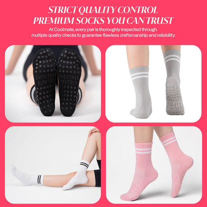 COOLMATE Pilates Socks with Grips for Women, Yoga Socks, Crew Non Slip Women for Barre, Pilates Gifts for Women - Colors B