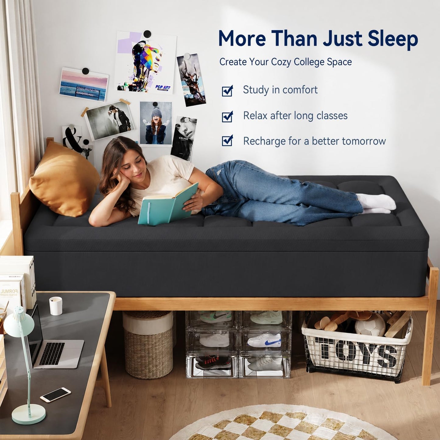ELEMUSE Twin XL Dorm Dual Layer 3 Inch Memory Foam Mattress Topper for College, Dorm Room Essentials, 2 Inch Cooling Gel Foam and 1 Inch Soft Pillow Top Bed Pad,Back to School Comfortable Support